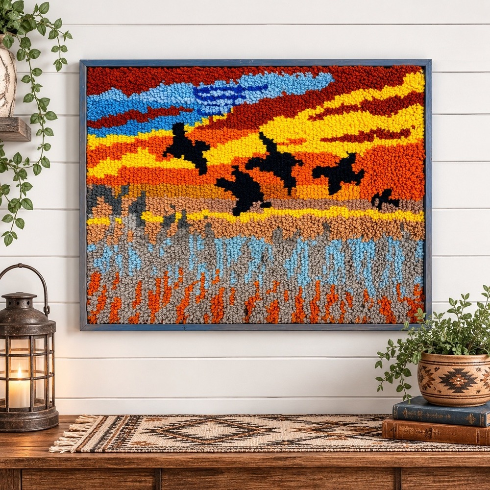 Vintage Latch Hook Rug Wall Art Flying Ducks Sunset Marsh Framed 27x21 Textile